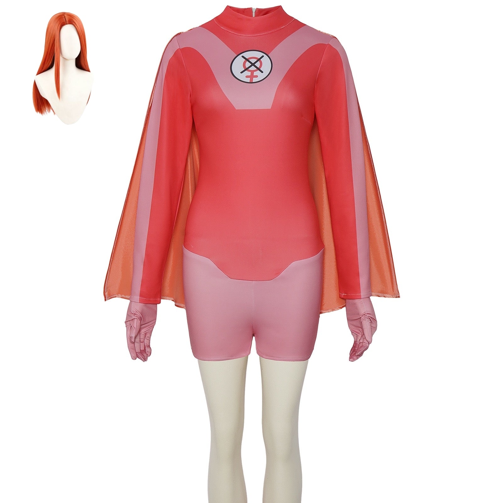 full atom eve cos outfit paired with long orange red cosplay wig display