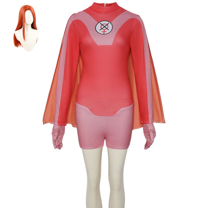 full atom eve cos outfit paired with long orange red cosplay wig display