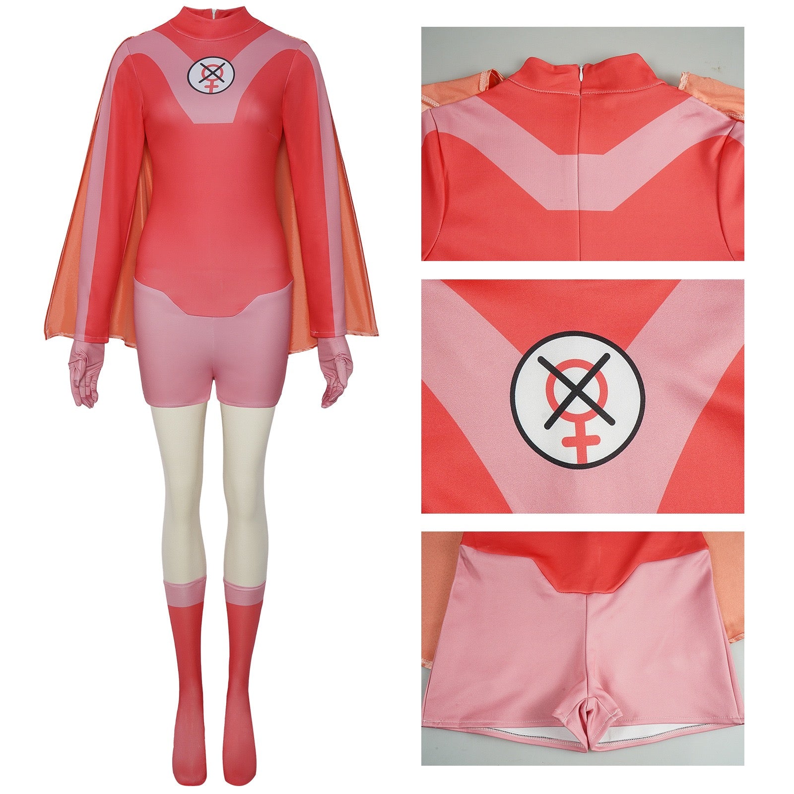 atom eve pink red jumpsuit cos costume, back zipper chest logo short pant detail closeups