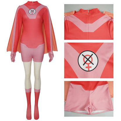 atom eve pink red jumpsuit cos costume, back zipper chest logo short pant detail closeups