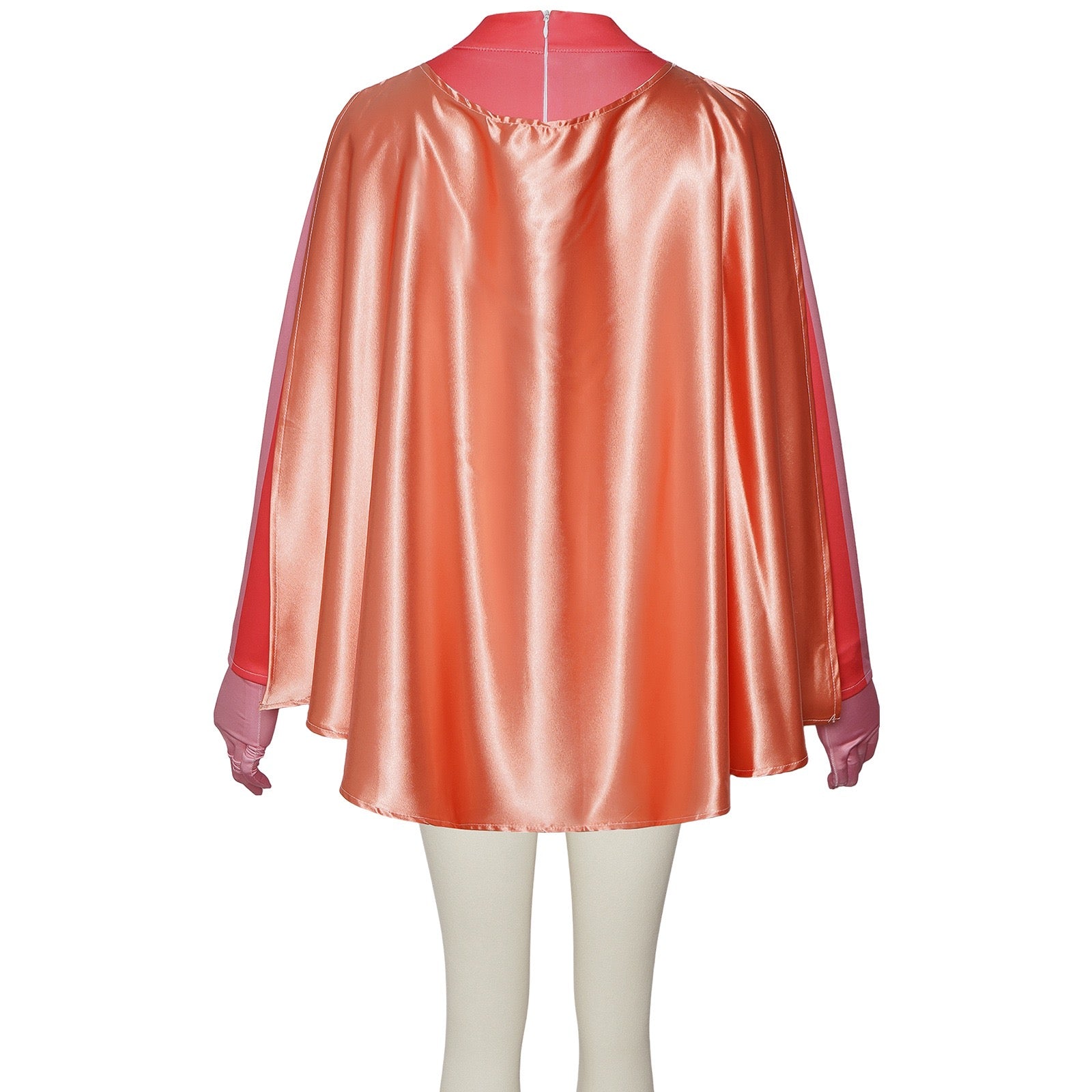 back side of atom eve costume, glossy orange cloak and rear zipper design