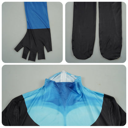 closeup details of fingerless integrated gloves footed pant cuffs and rear neck zipper