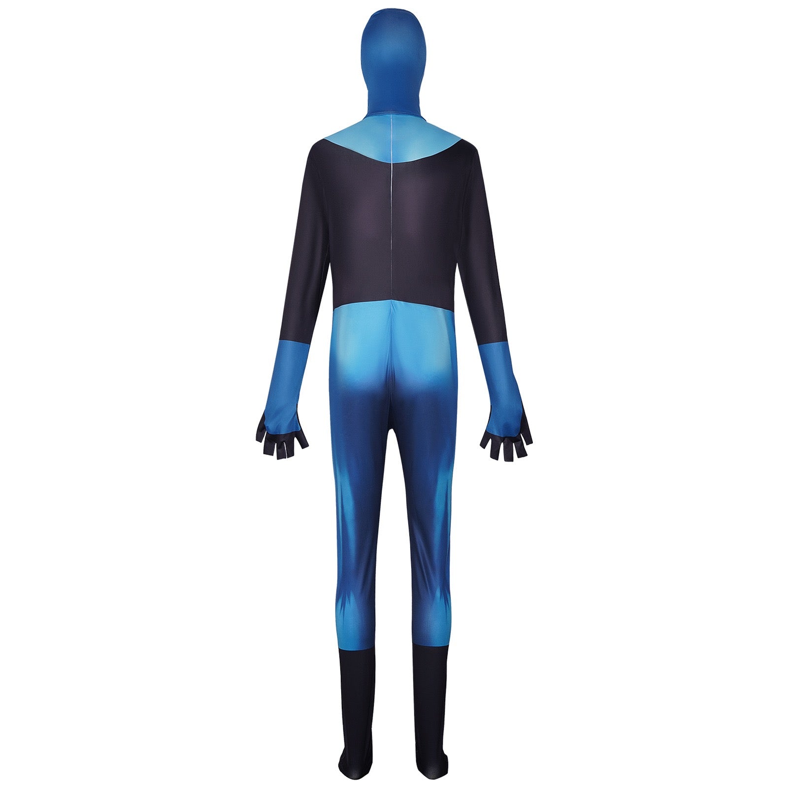 rear shot of blue black superhero bodysuit vertical back seam color block design
