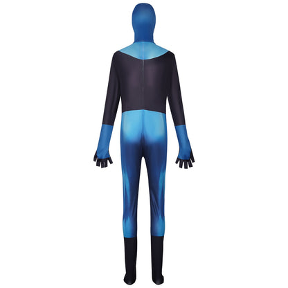 rear shot of blue black superhero bodysuit vertical back seam color block design