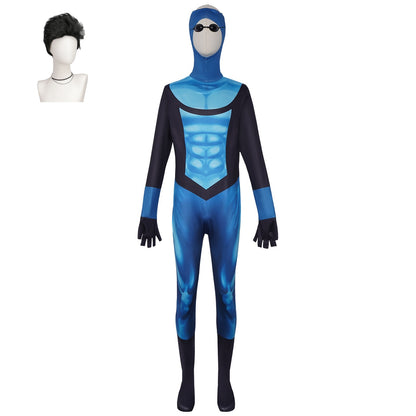 full blue black superhero bodysuit display paired with short black styled cosplay wig accessory