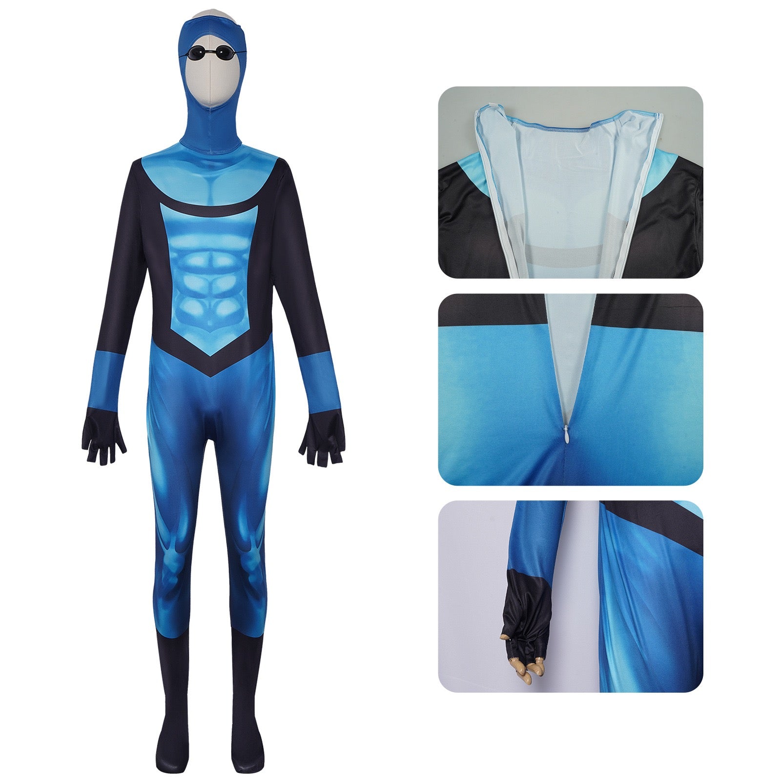 superhero zentai full outfit display inner back zipper cuff glove closeup details