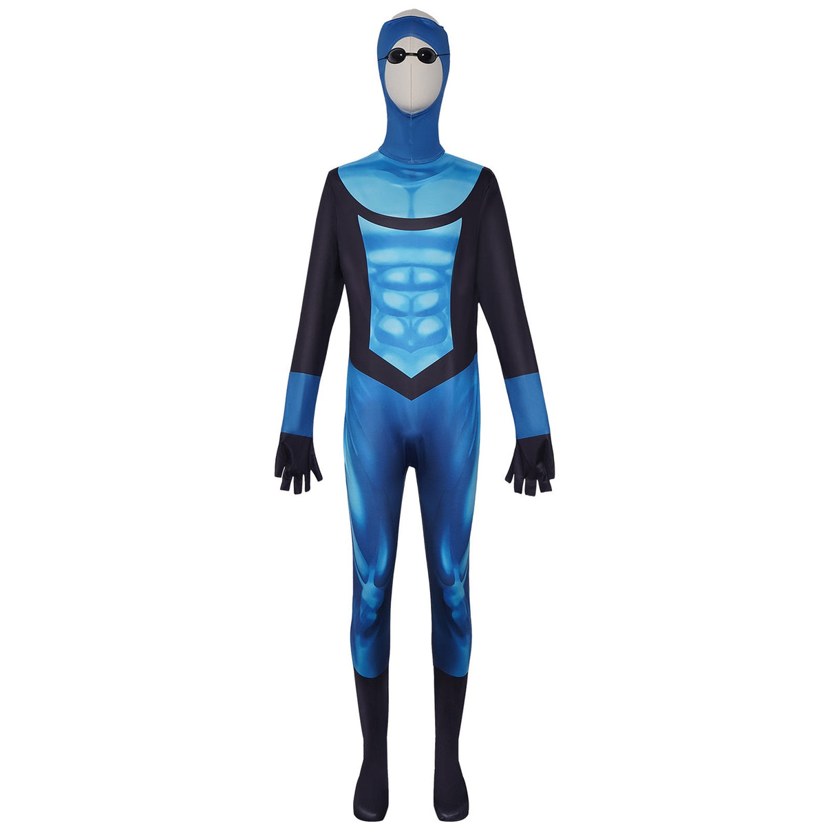 front full shot of blue black superhero bodysuit with printed muscle texture integrated hood and gloves