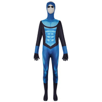 front full shot of blue black superhero bodysuit with printed muscle texture integrated hood and gloves