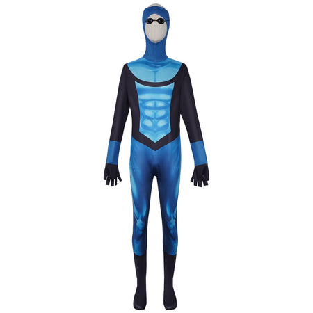 front full shot of blue black superhero bodysuit with printed muscle texture integrated hood and gloves