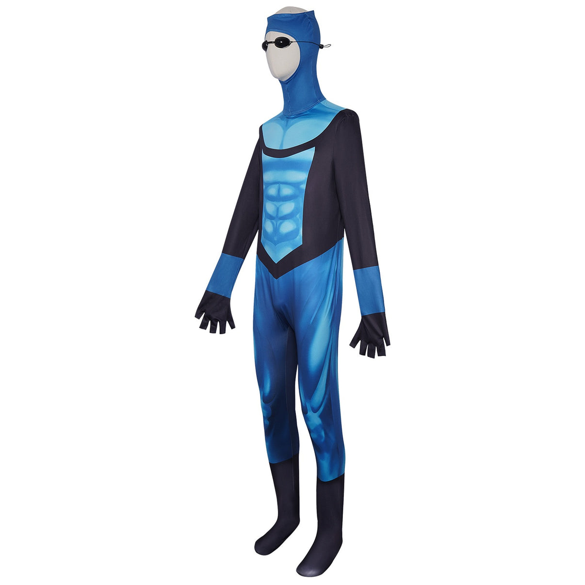 side angle view of full body blue black muscle print jumpsuit with matching head cover and glasses