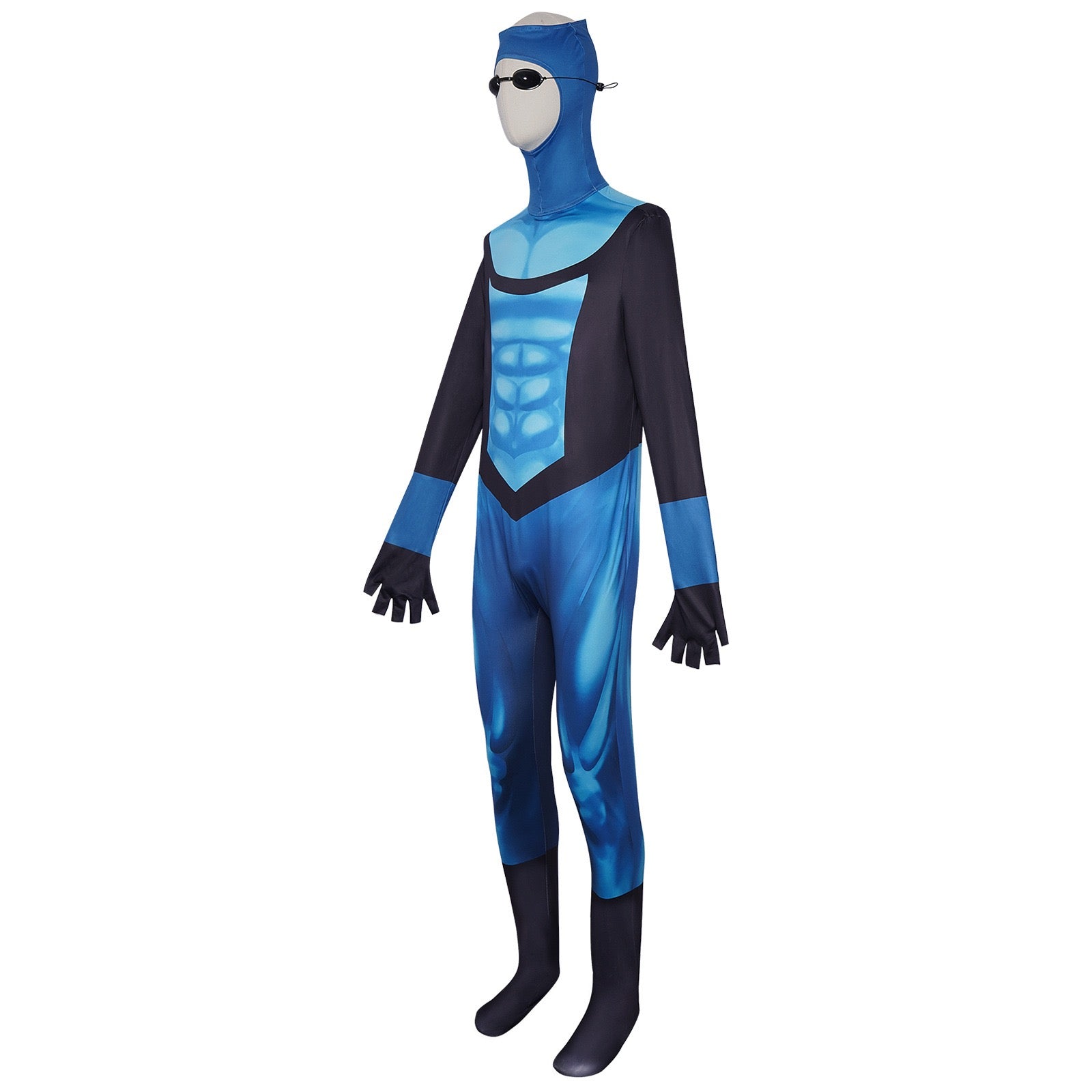 side angle view of full body blue black muscle print jumpsuit with matching head cover and glasses