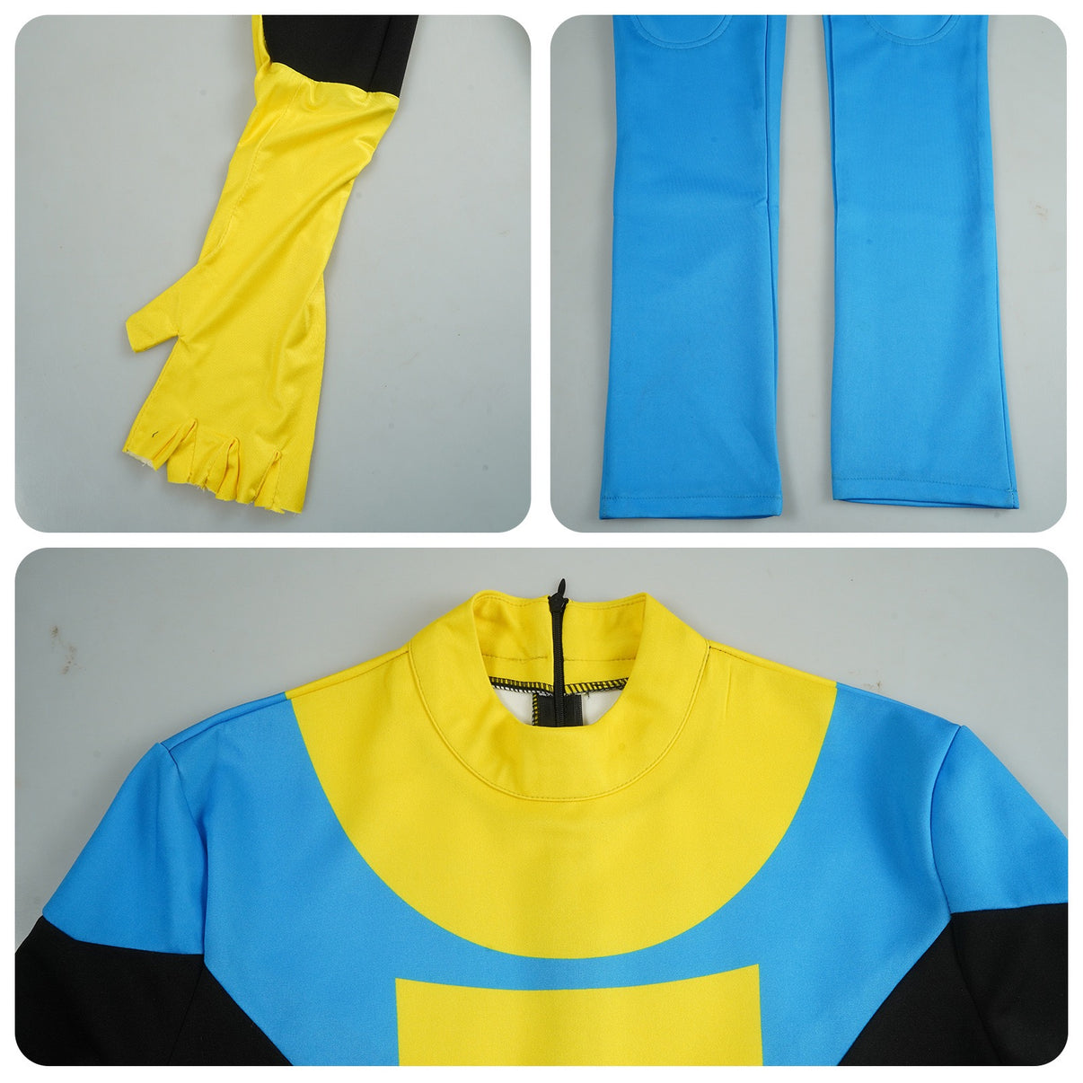 loseup details of mark jumpsuit gloves leg cuffs and rear neck zipper