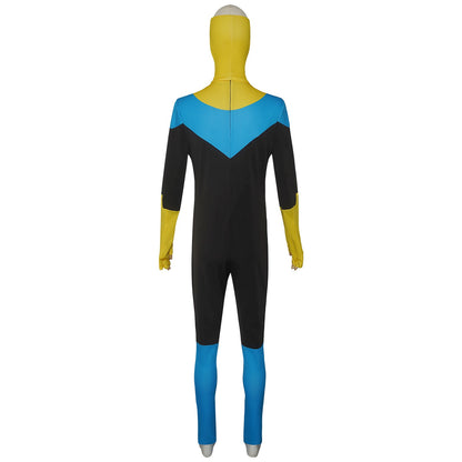 rear shot of mark invincible bodysuit back vertical zipper color block design