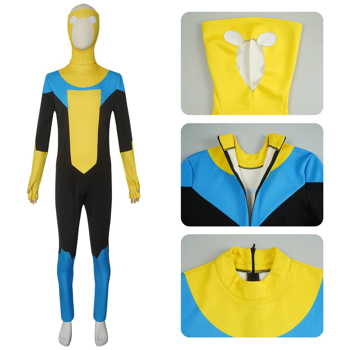 black yellow blue mark cos zentai hood zipper collar fabric closeup collage