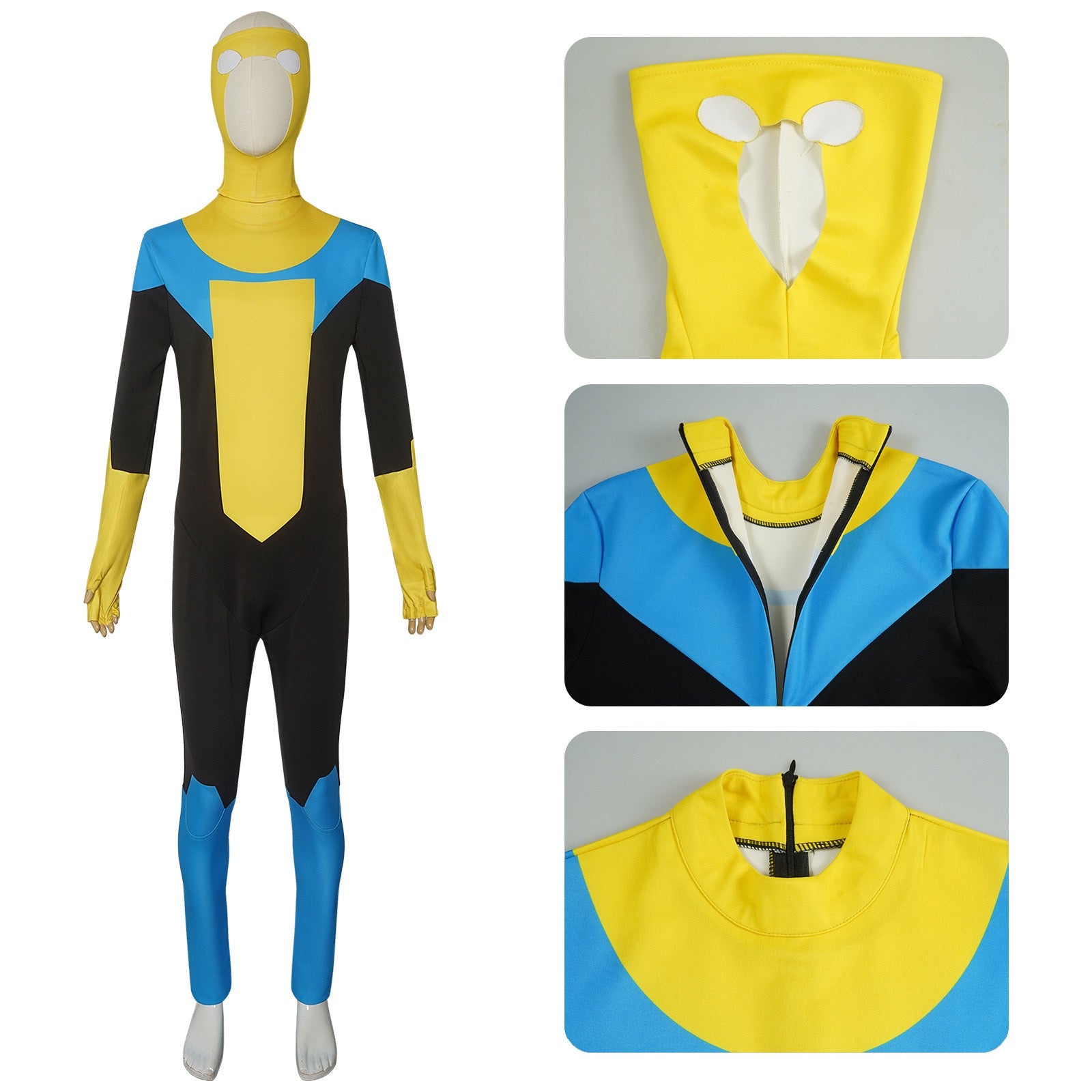 black yellow blue mark cos zentai hood zipper collar fabric closeup collage