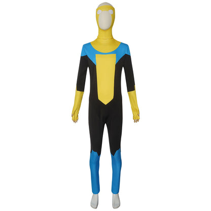 front full body shot of mark invincible color block spandex bodysuit with hood
