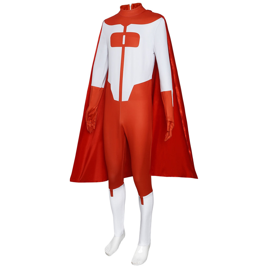 invincible omni man nolan grayson cosplay side angle view red white superhero jumpsuit long red satin cape