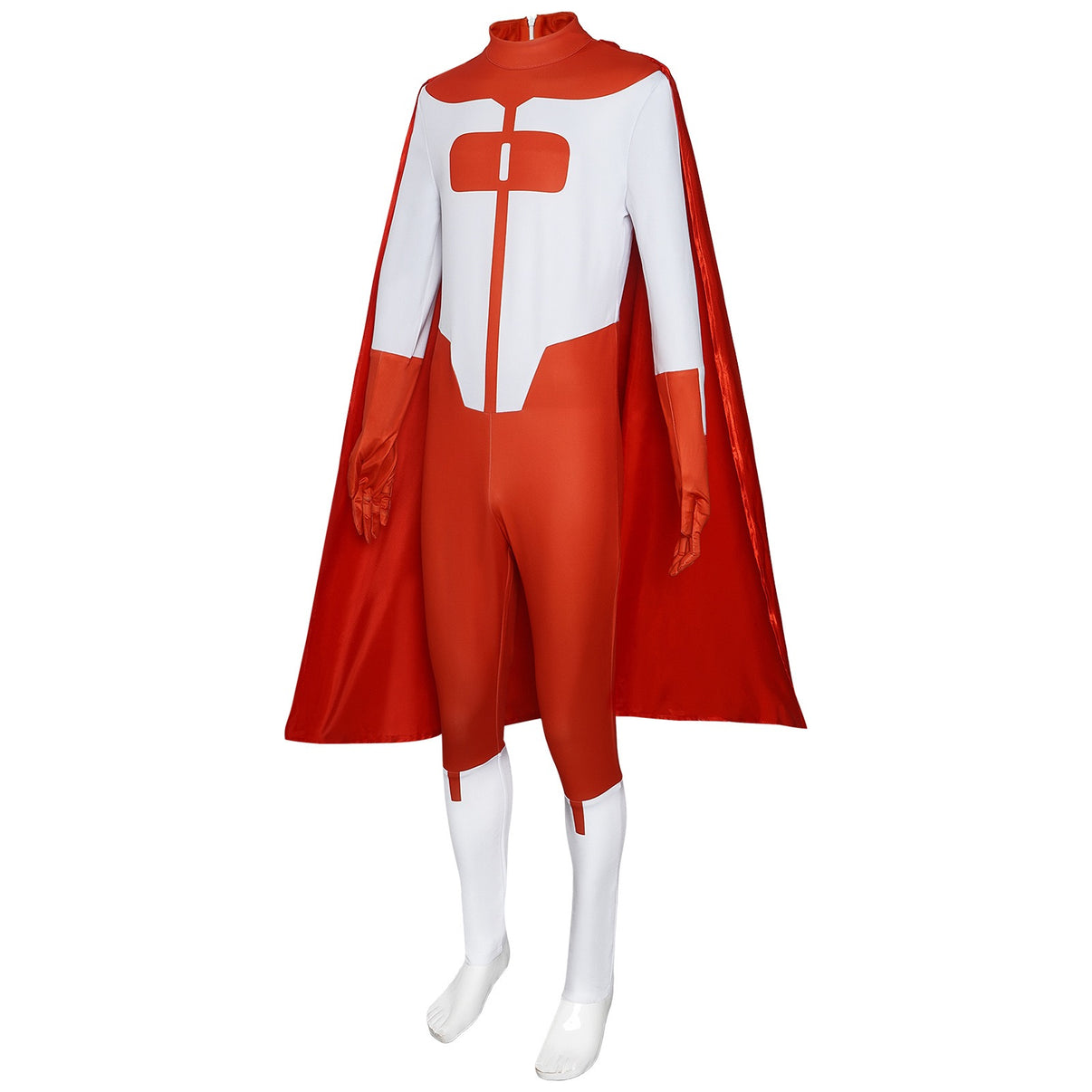invincible omni man nolan grayson cosplay side angle view red white superhero jumpsuit long red satin cape