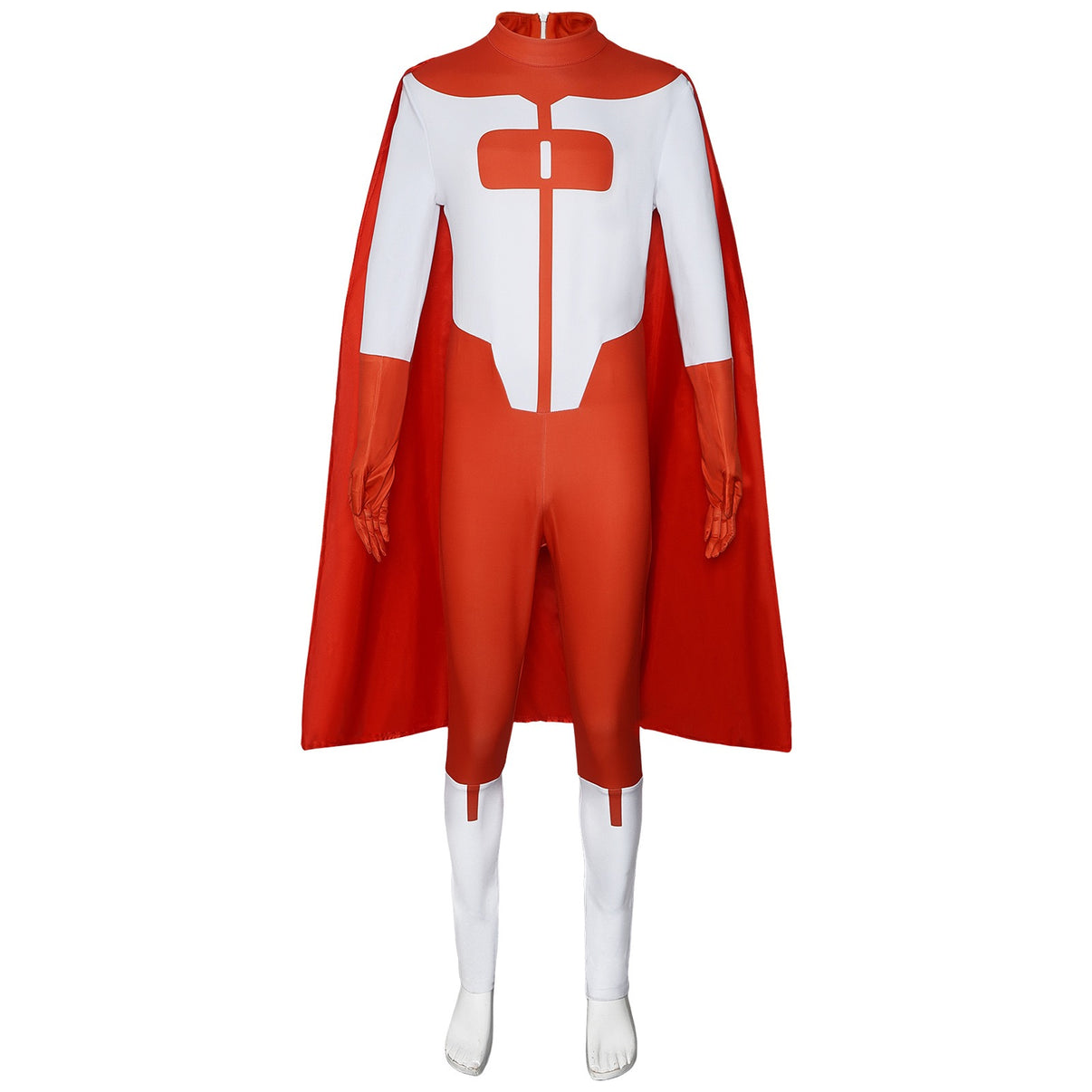 invincible omni man nolan grayson cosplay front full shot red white superhero bodysuit attached satin cape integrated gloves socks