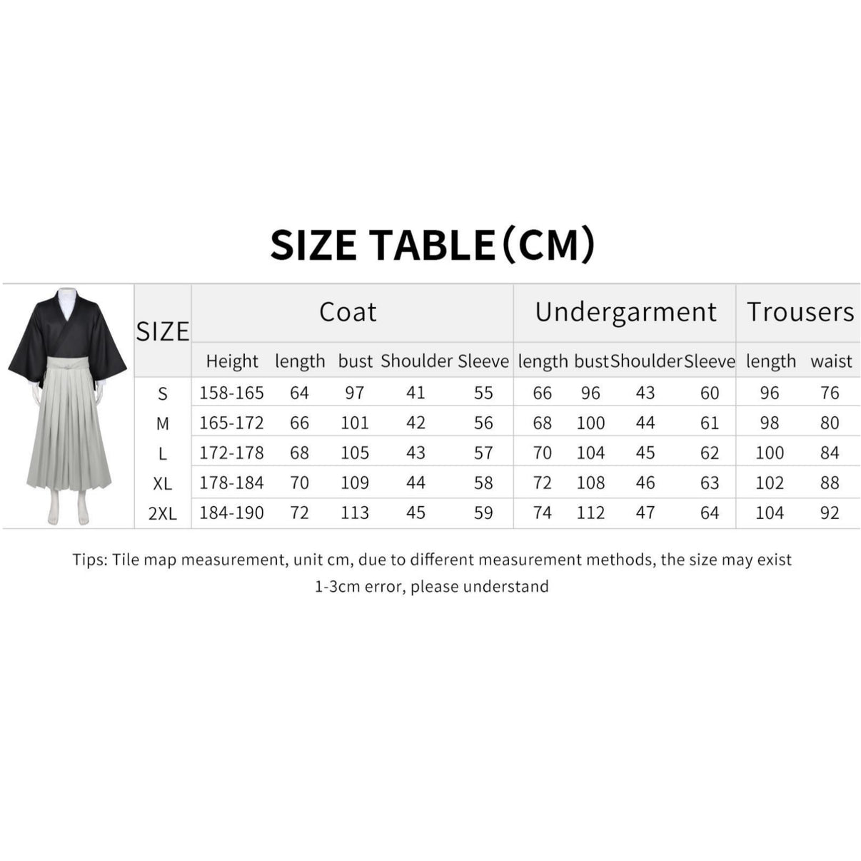 naoya zenin cosplay costume size table measurement chart cm