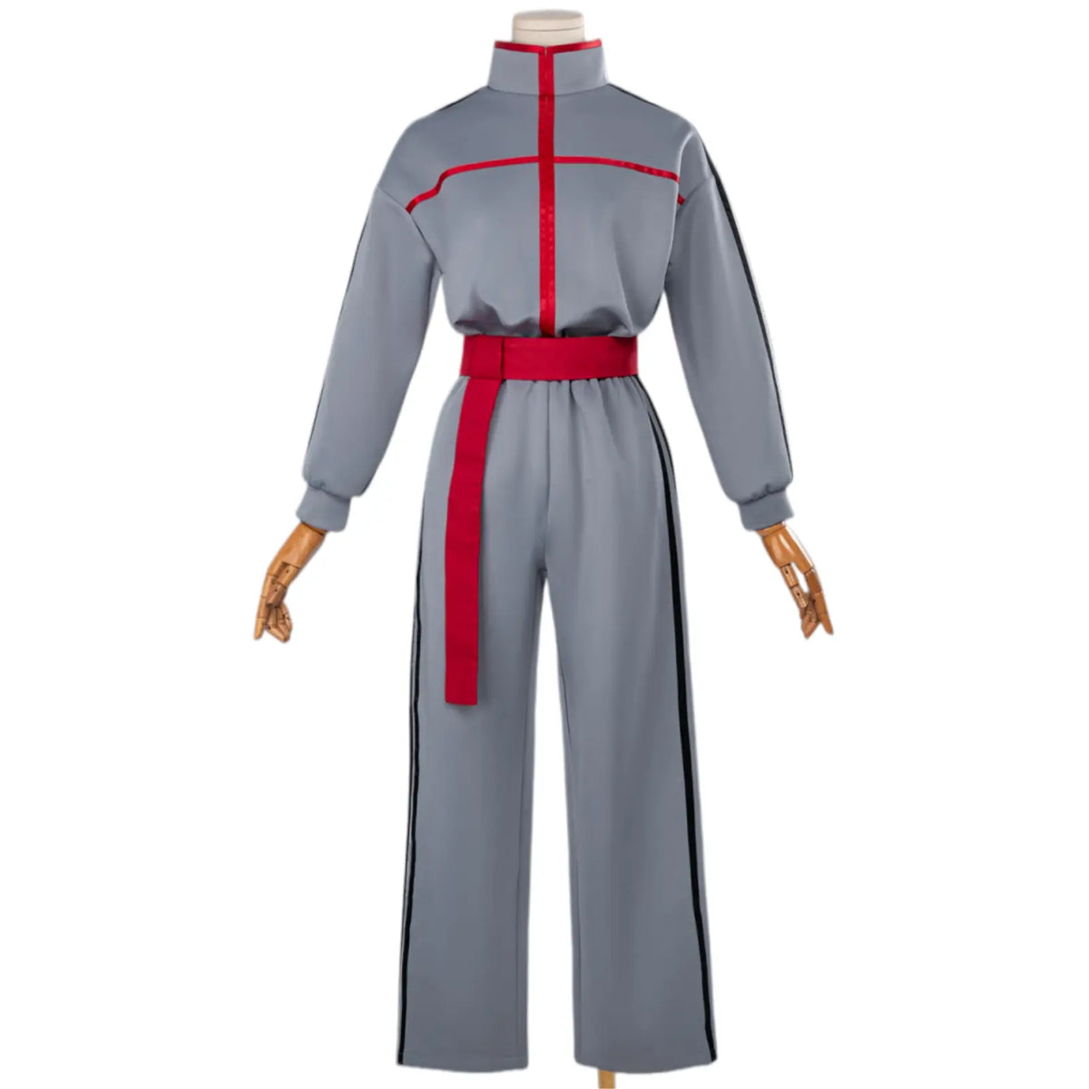 mannequin wearing kasane teto brainrot cos gray tracksuit with red sash