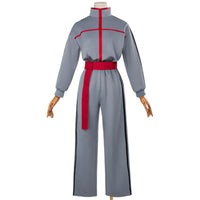 mannequin wearing kasane teto brainrot cos gray tracksuit with red sash