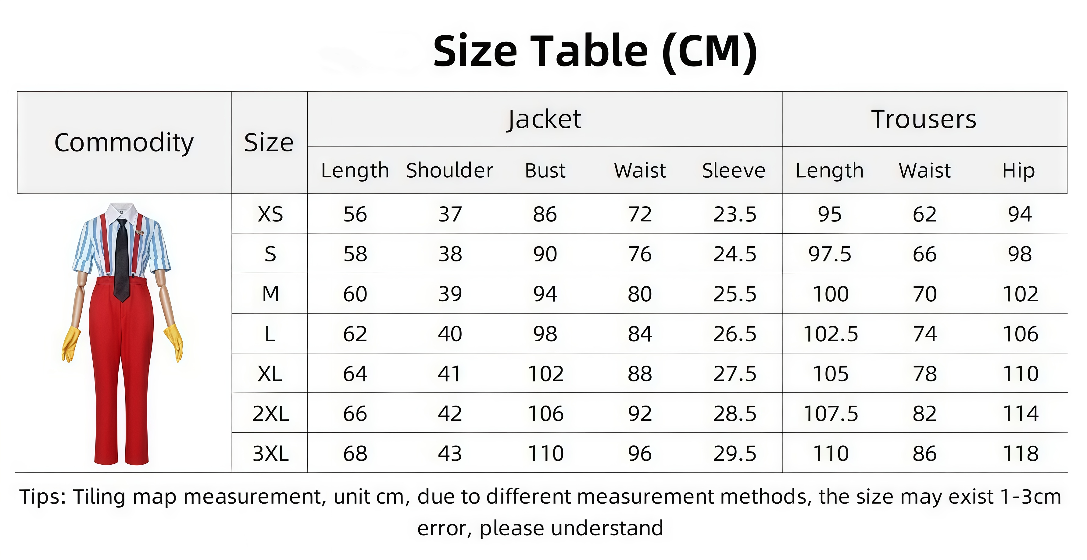 Vocaloid Kasane Teto cosplay costume size chart