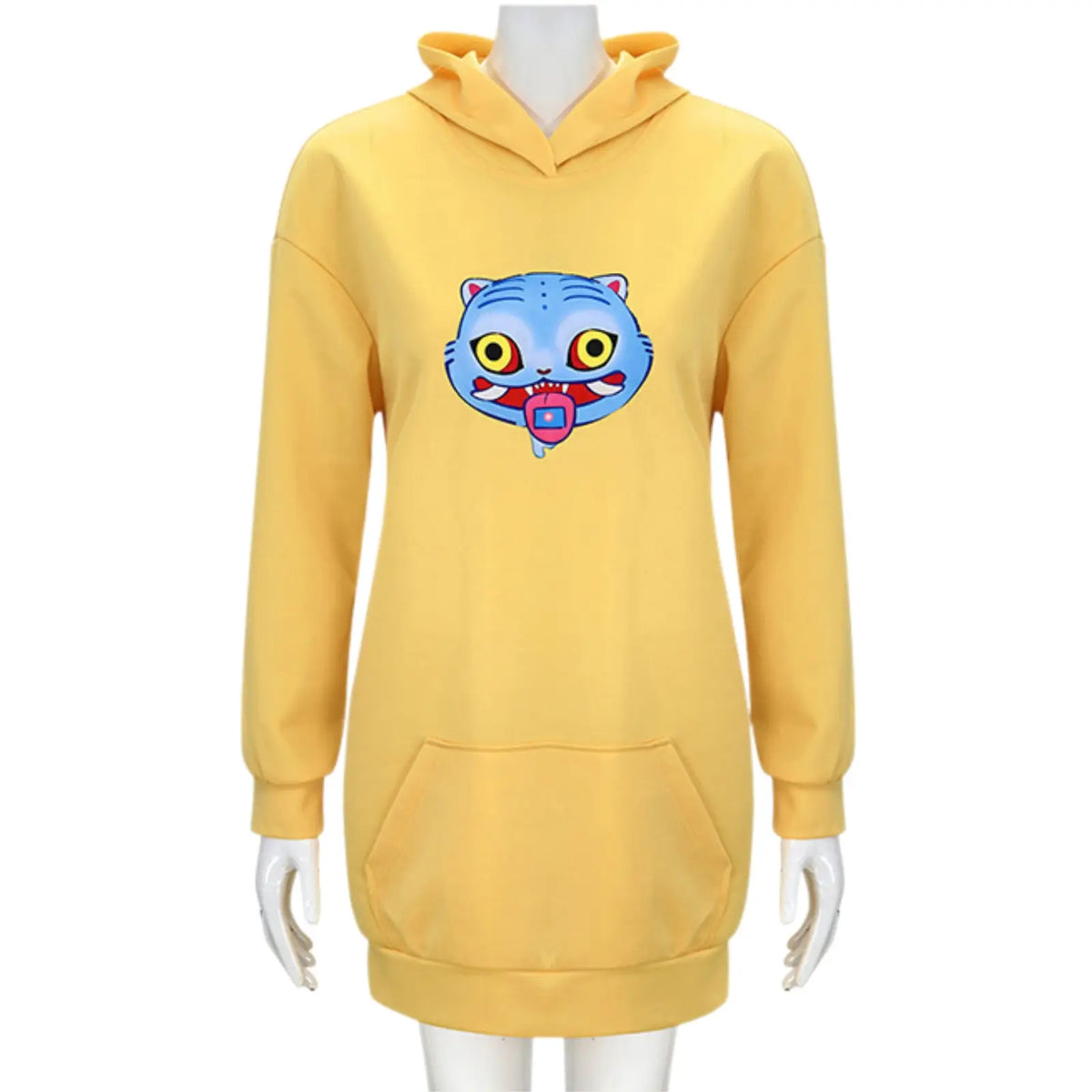 mannequin wearing zoey yellow hooded nightgown with blue demon cat print