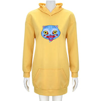 mannequin wearing zoey yellow hooded nightgown with blue demon cat print