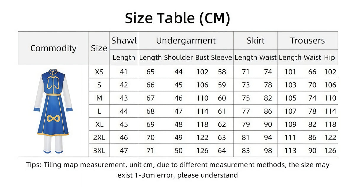 H×H Kurapika cosplay costume size chart