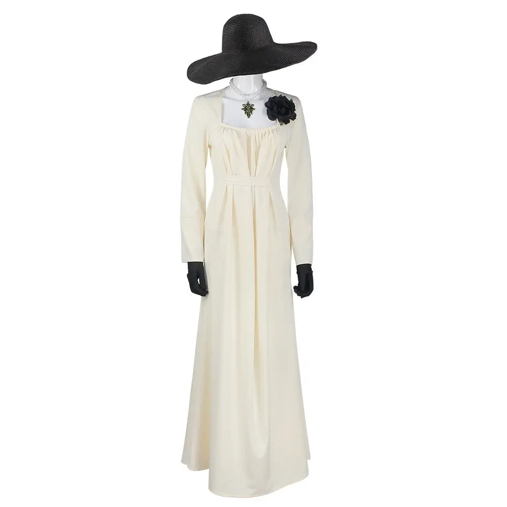 lady alcina dimitrescu resident evil village full cosplay costume front view on mannequin