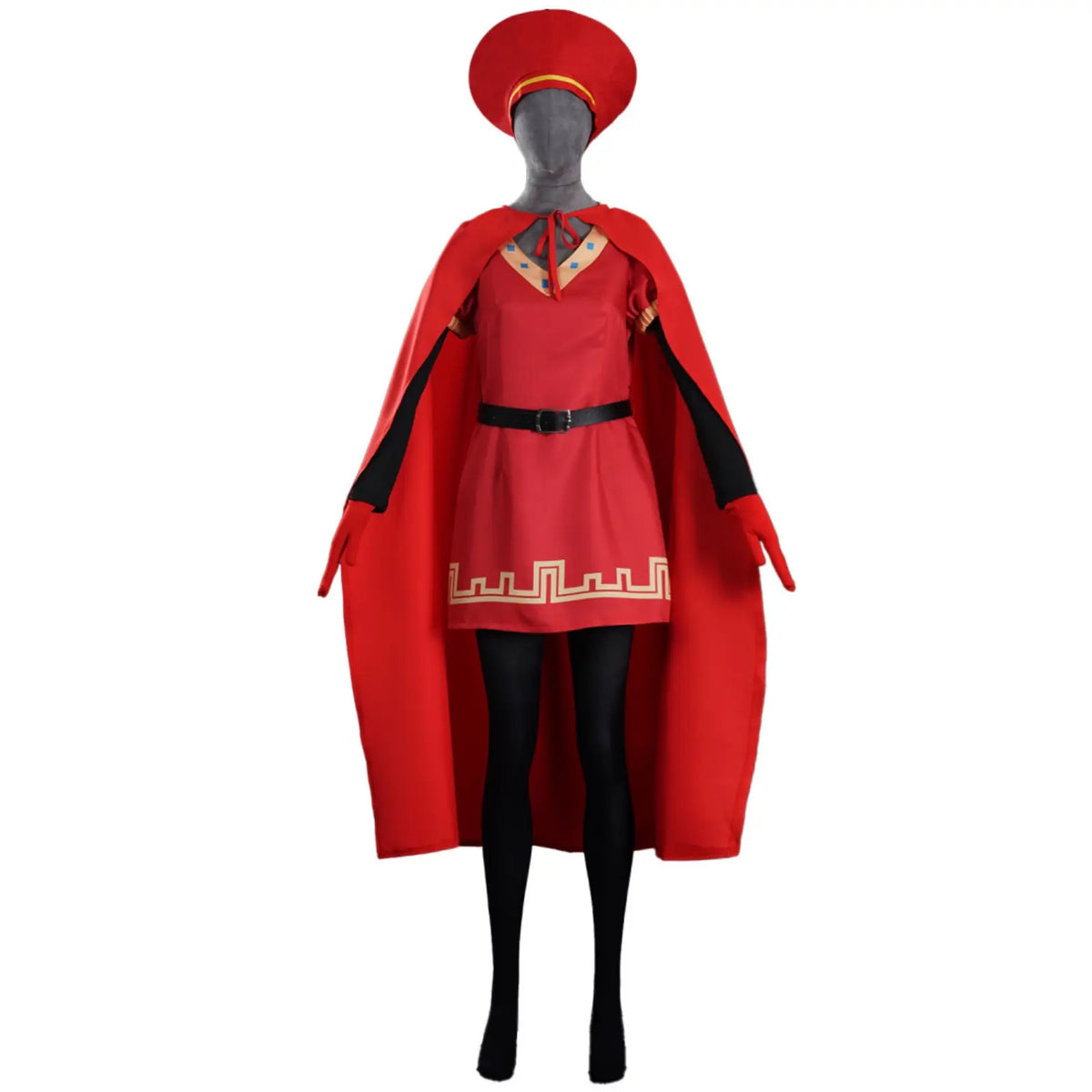 mannequin wearing complete lord farquaad red shrek cosplay costume front view