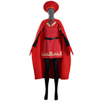 mannequin wearing complete lord farquaad red shrek cosplay costume front view