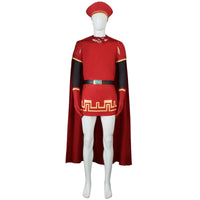 mannequin full view lord farquaad red cosplay costume with cape hat gloves