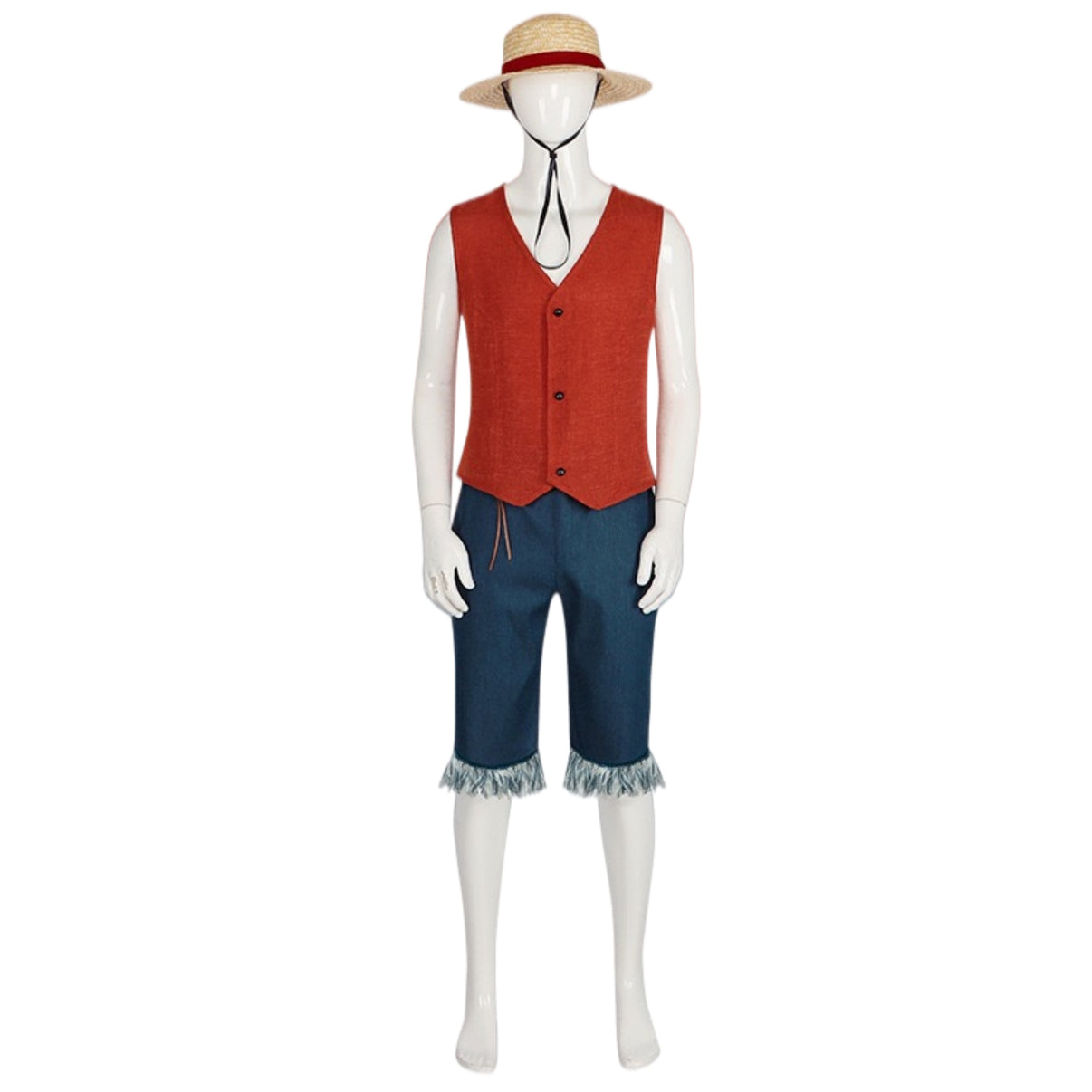 front full view one piece luffy red vest frayed cropped pants with straw hat