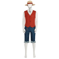 front full view one piece luffy red vest frayed cropped pants with straw hat
