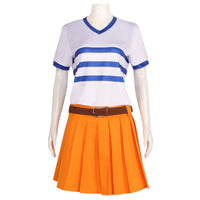 mannequin wearing nami white blue striped top and orange pleated skirt outfit