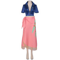 nico robin cosplay full outfit front view blue satin zip short sleeve top pink floral fringe long skirt