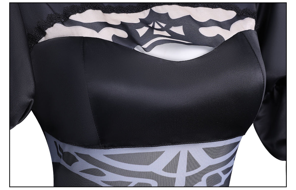 nier automata 2b cosplay chest hollow mesh print satin bodice close up