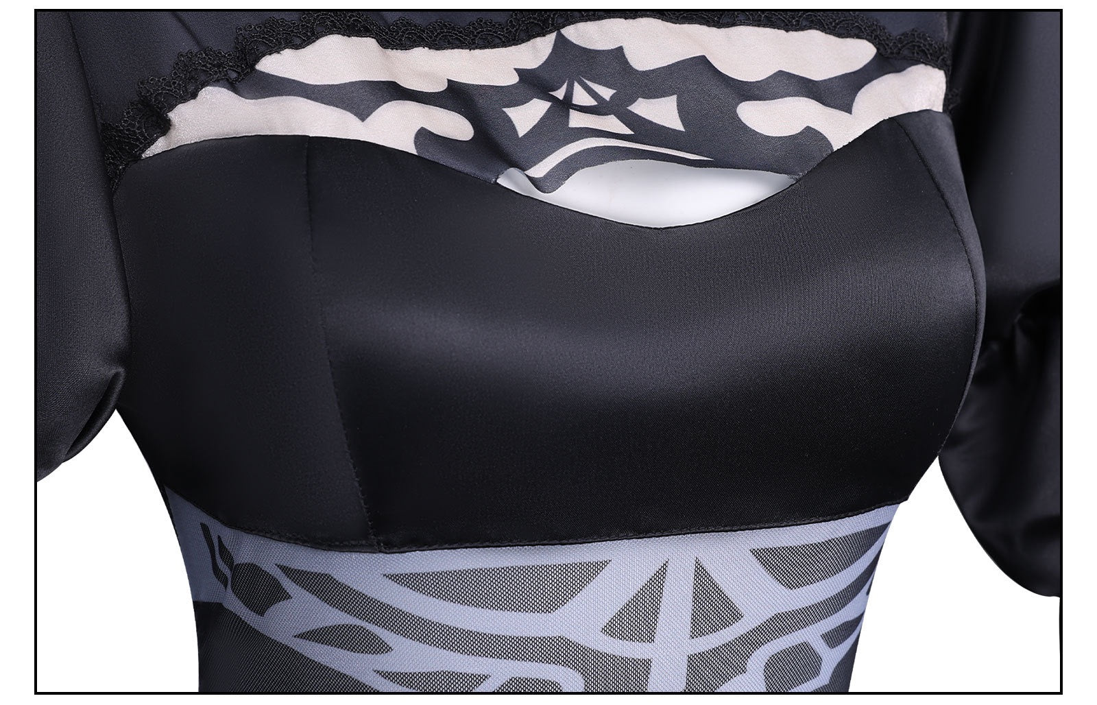 nier automata 2b cosplay chest hollow mesh print satin bodice close up