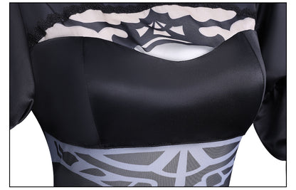 nier automata 2b cosplay chest hollow mesh print satin bodice close up