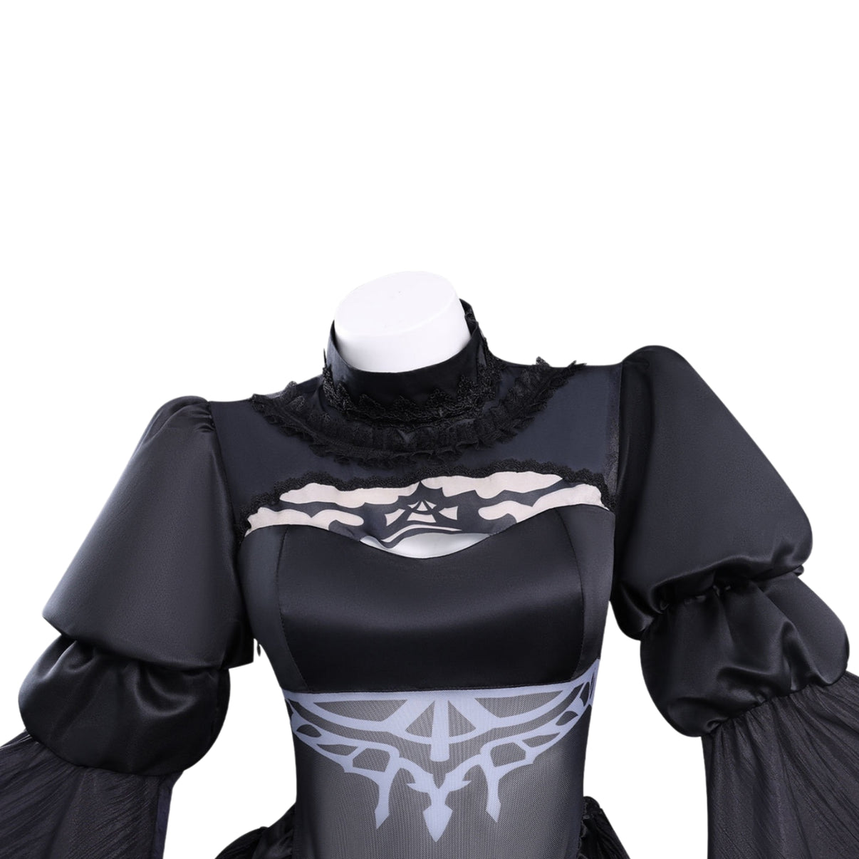 nier 2b cosplay top lace high neck puff sleeve mesh print closeup