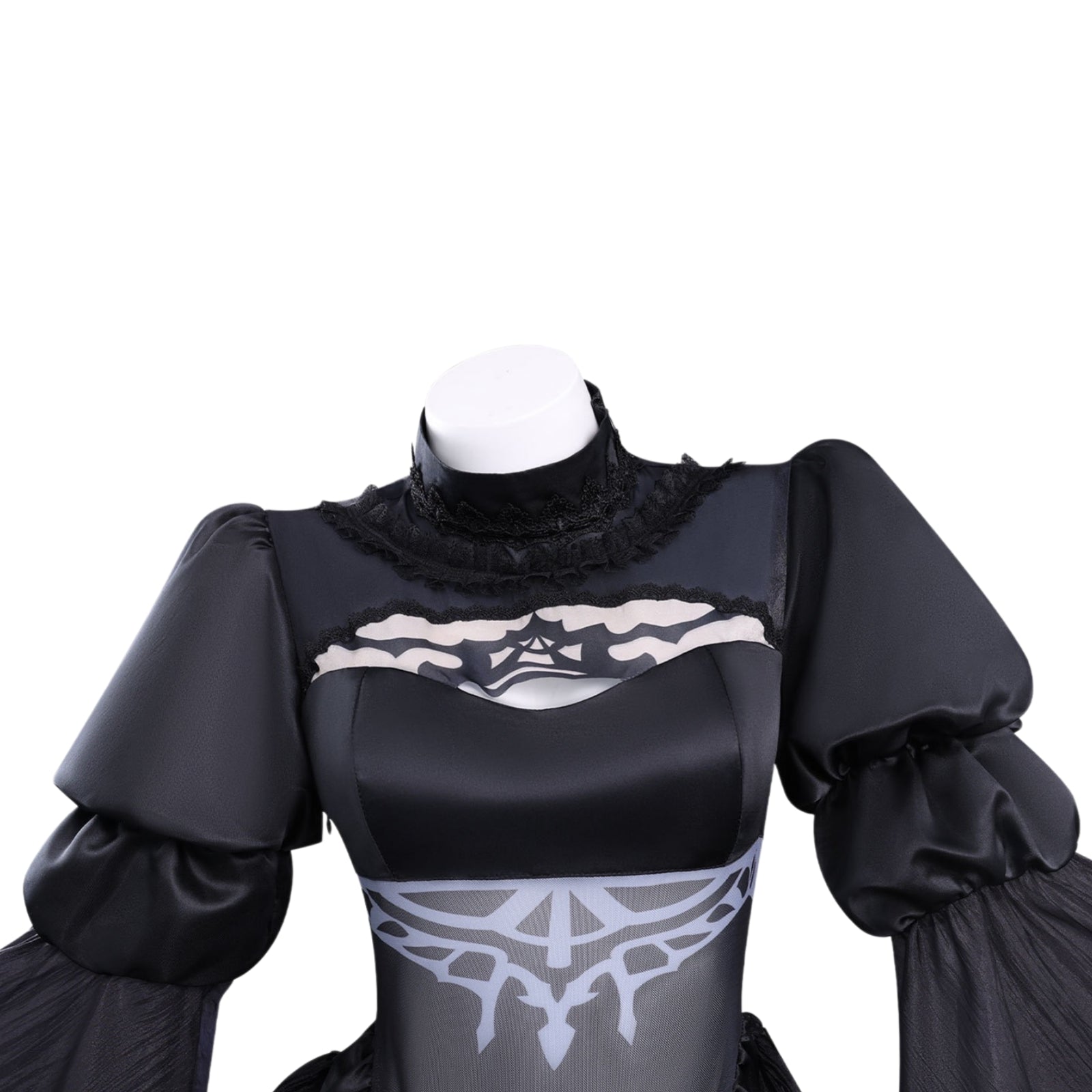 nier 2b cosplay top lace high neck puff sleeve mesh print closeup