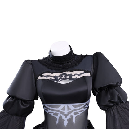 nier 2b cosplay top lace high neck puff sleeve mesh print closeup