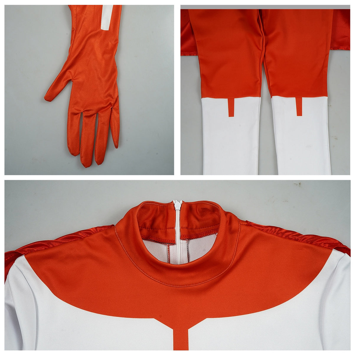 invincible omni man nolan grayson cos closeup details red integrated gloves leg cuffs rear high neck zipper