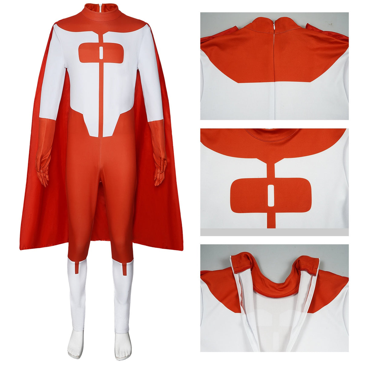 invincible omni man nolan grayson cos red white full body zentai front logo back zipper collar fabric closeup collage