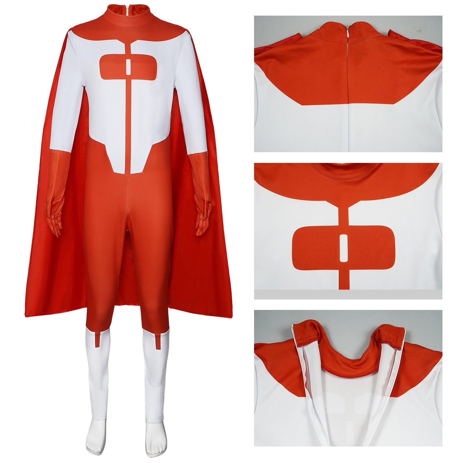 invincible omni man nolan grayson cos red white full body zentai front logo back zipper collar fabric closeup collage