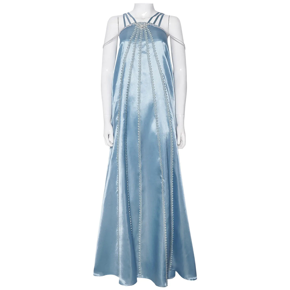 mannequin wearing light blue satin padme amidala long cosplay dress front view