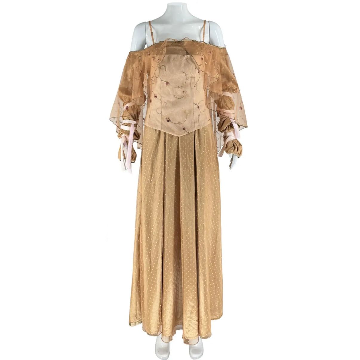 full front view of padme amidala golden picnic dress displayed on white mannequin