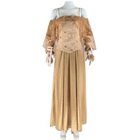 full front view of padme amidala golden picnic dress displayed on white mannequin
